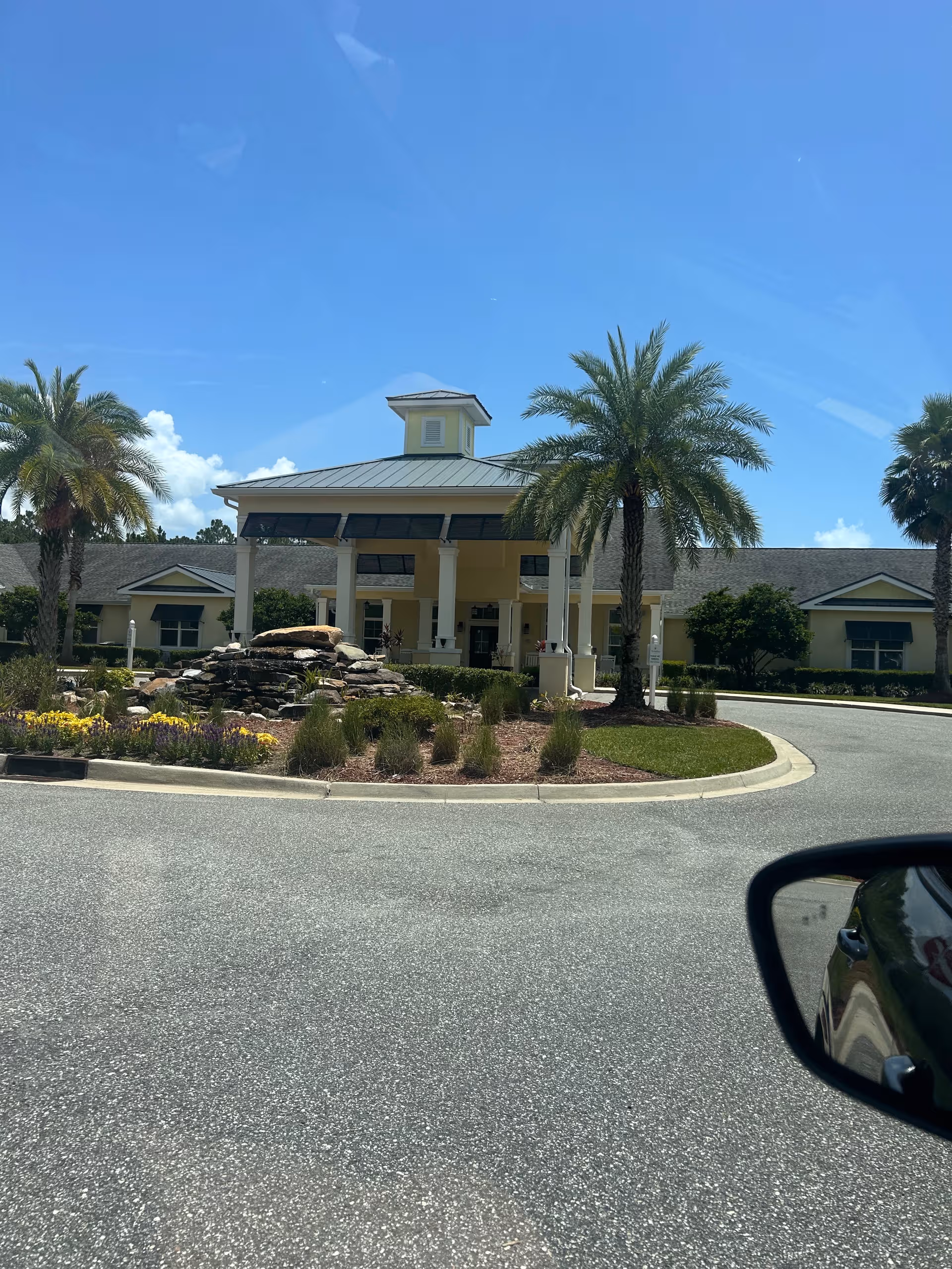 Exterior view of The Addison of Oakleaf entrance with palm trees and circular driveway.