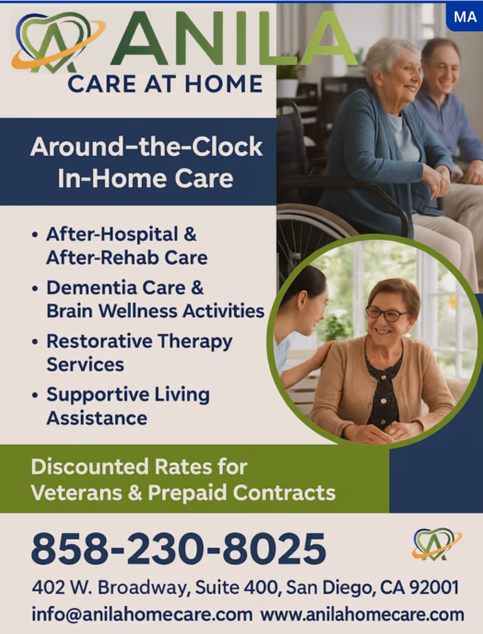 A marketing flyer for Anila Care at Home featuring seniors and services.
