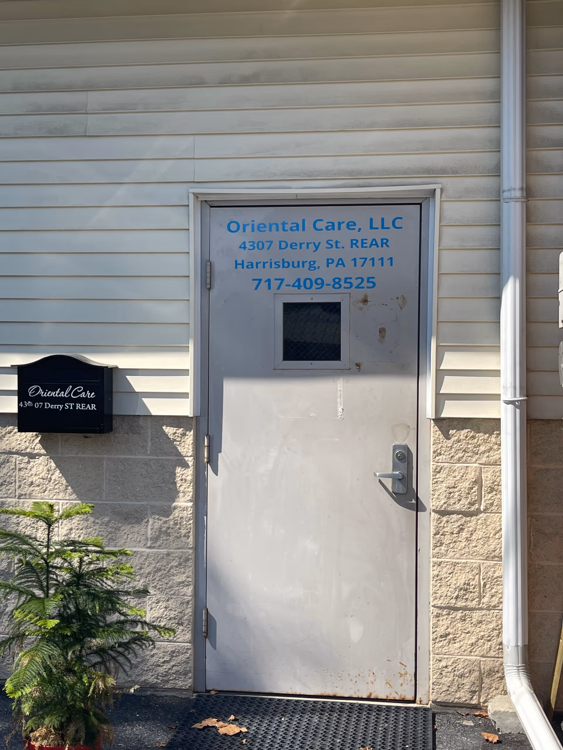 Exterior door of Oriental Care, LLC facility with blue lettering and a nearby plant.
