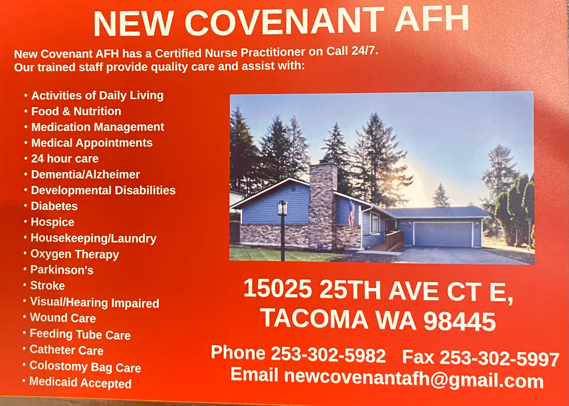 A red brochure advertising New Covenant AFH with a house photo and service list.