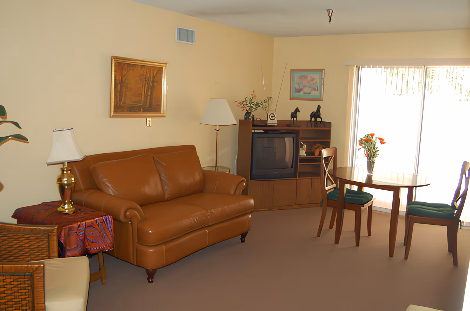 Living room with a brown leather sofa, TV cabinet, round dining table with chairs and a sliding glass door letting in daylight.