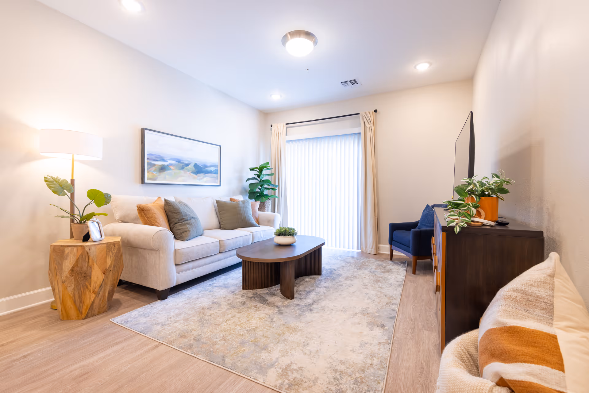 Bright senior living room featuring beige sofa, coffee table, TV, plants, and rug.