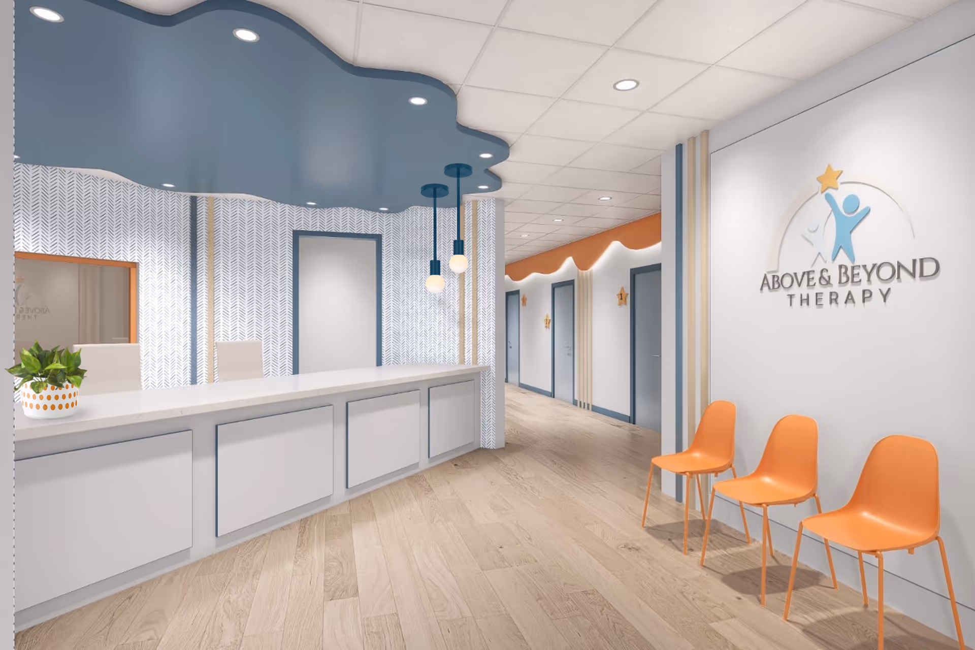 Bright reception area with white counter, patterned walls, and orange chairs.
