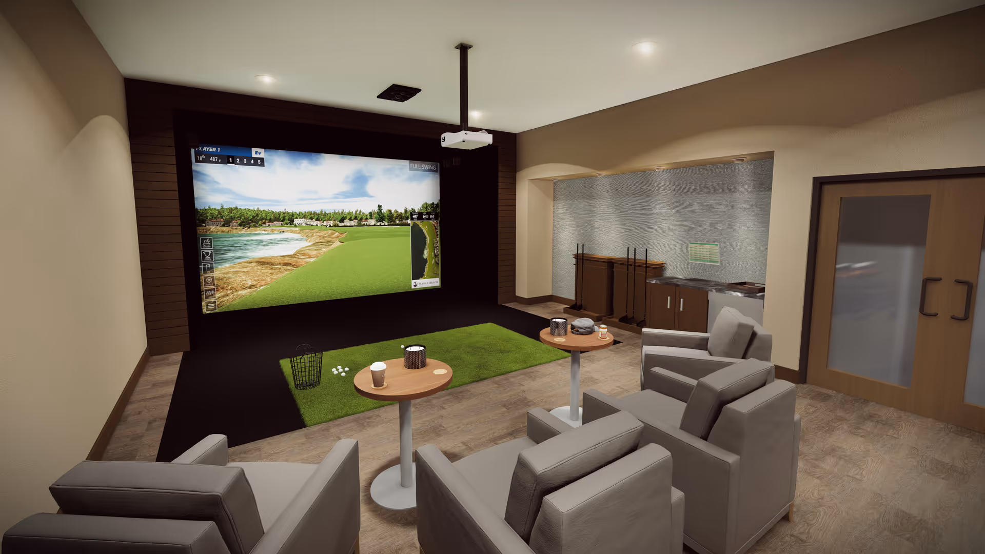 Indoor golf simulator room with a large screen displaying a golf course. The room has a green putting mat, golf balls, and golf clubs stored in a rack. There are four gray armchairs arranged in two rows facing the screen, each with a small round table holding drinks and other items. The room has wood flooring and double doors with frosted glass panels.