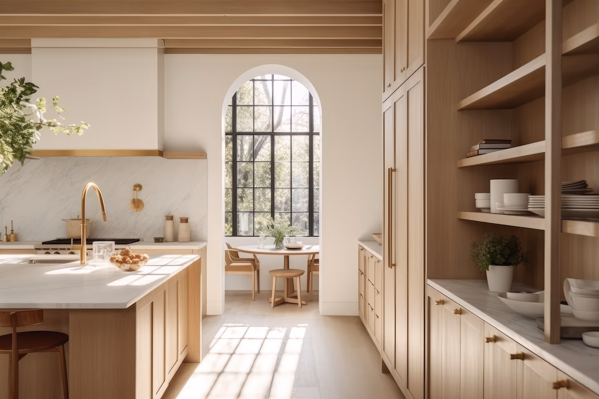 Bright modern kitchen with an island, arched window, and open dining nook.