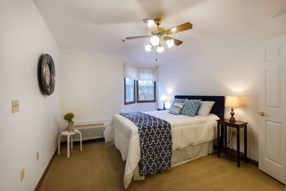 Bedroom with a large bed, nightstands, lamps, ceiling fan, window, and plant.