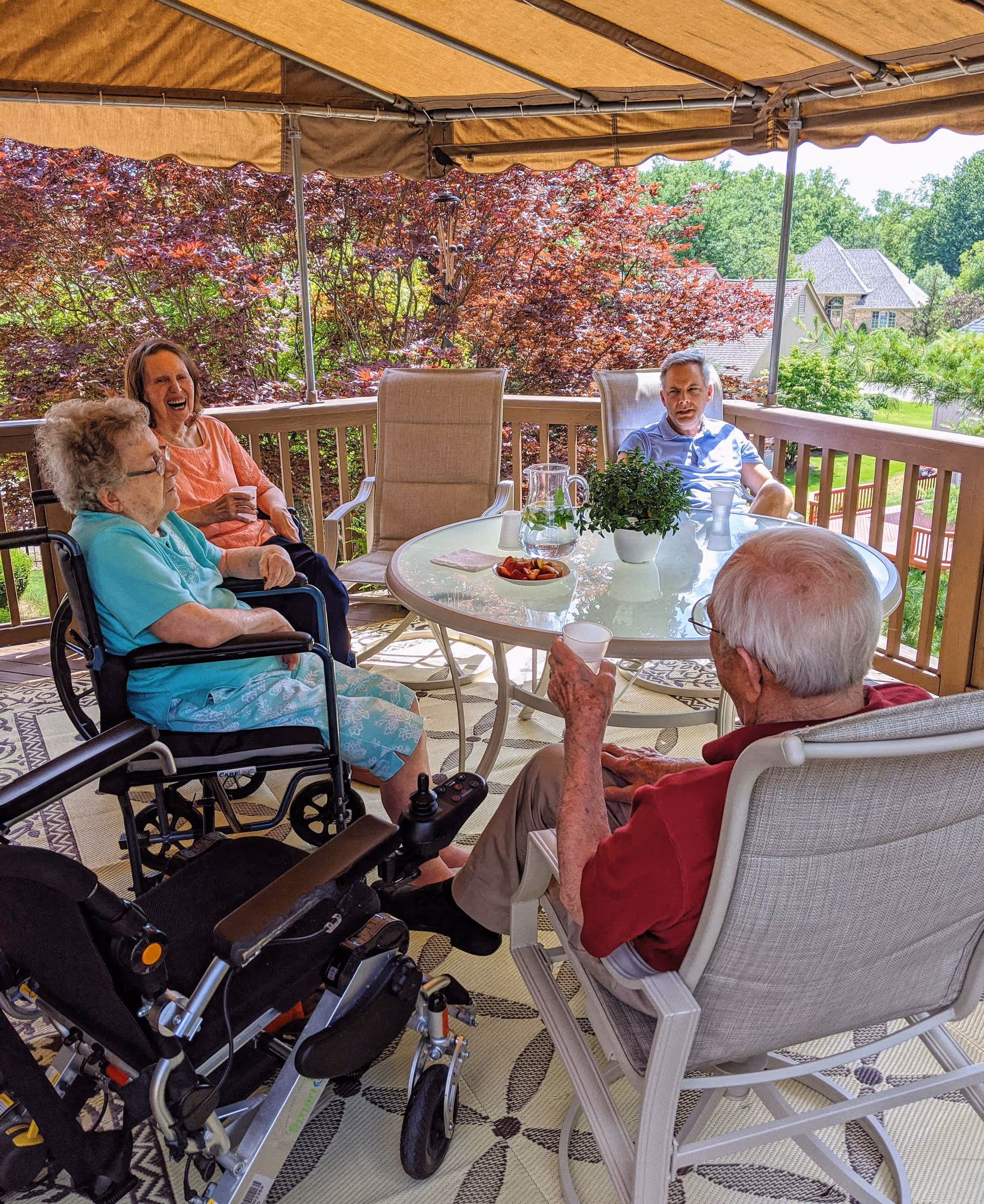 Four elderly people sitting and chatting around a glass table on a covered outdoor patio. One person is in a wheelchair, and the others are seated in patio chairs. The table has a pitcher of water, a bowl of strawberries, and a small potted plant. Trees and houses are visible in the background.