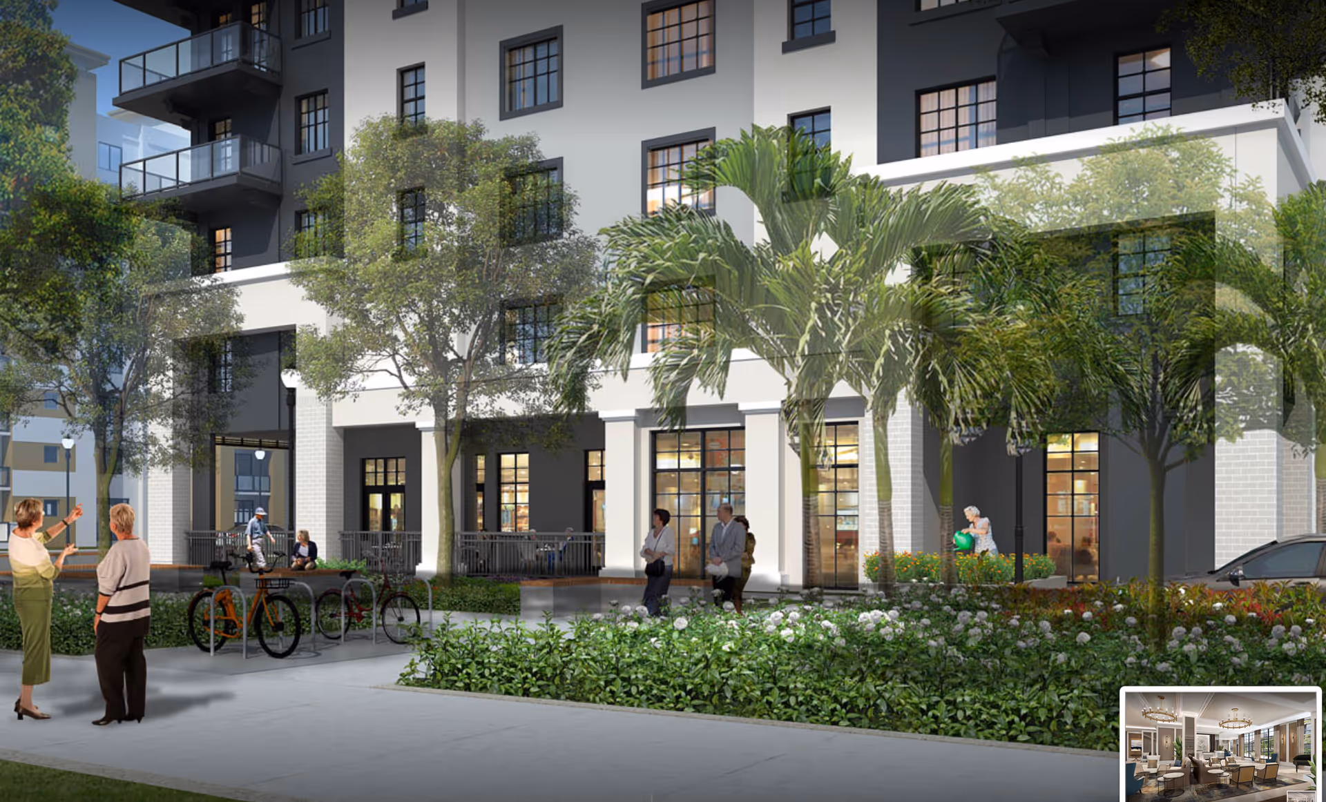 Front exterior of a multi-story senior living building with palm trees, landscaped planters, and people gathered near the entrance.