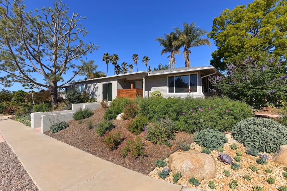 Single-story building with large windows surrounded by lush landscaping including various shrubs, succulents, and trees under a clear blue sky.