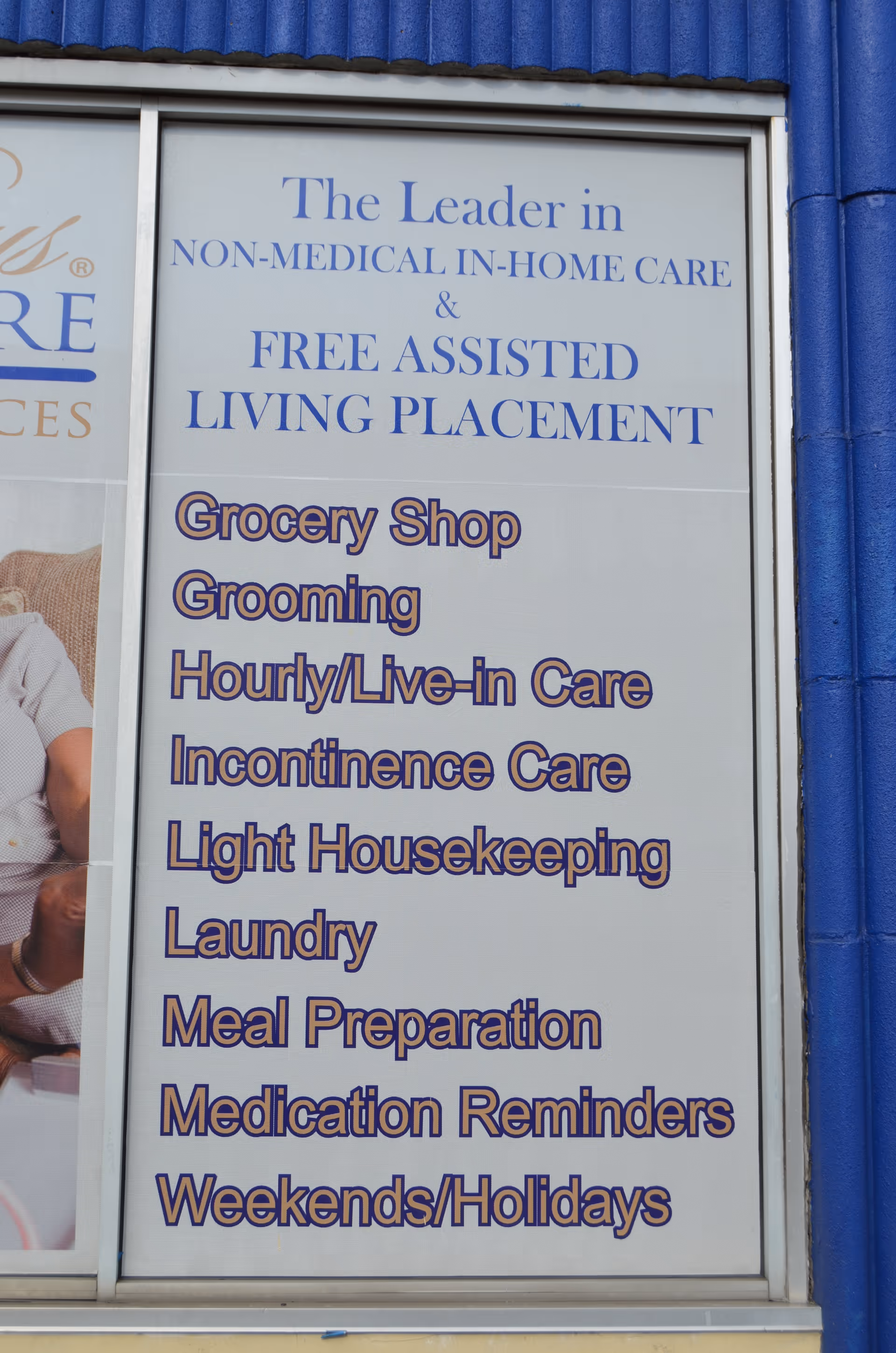Blue-framed storefront window listing senior care services