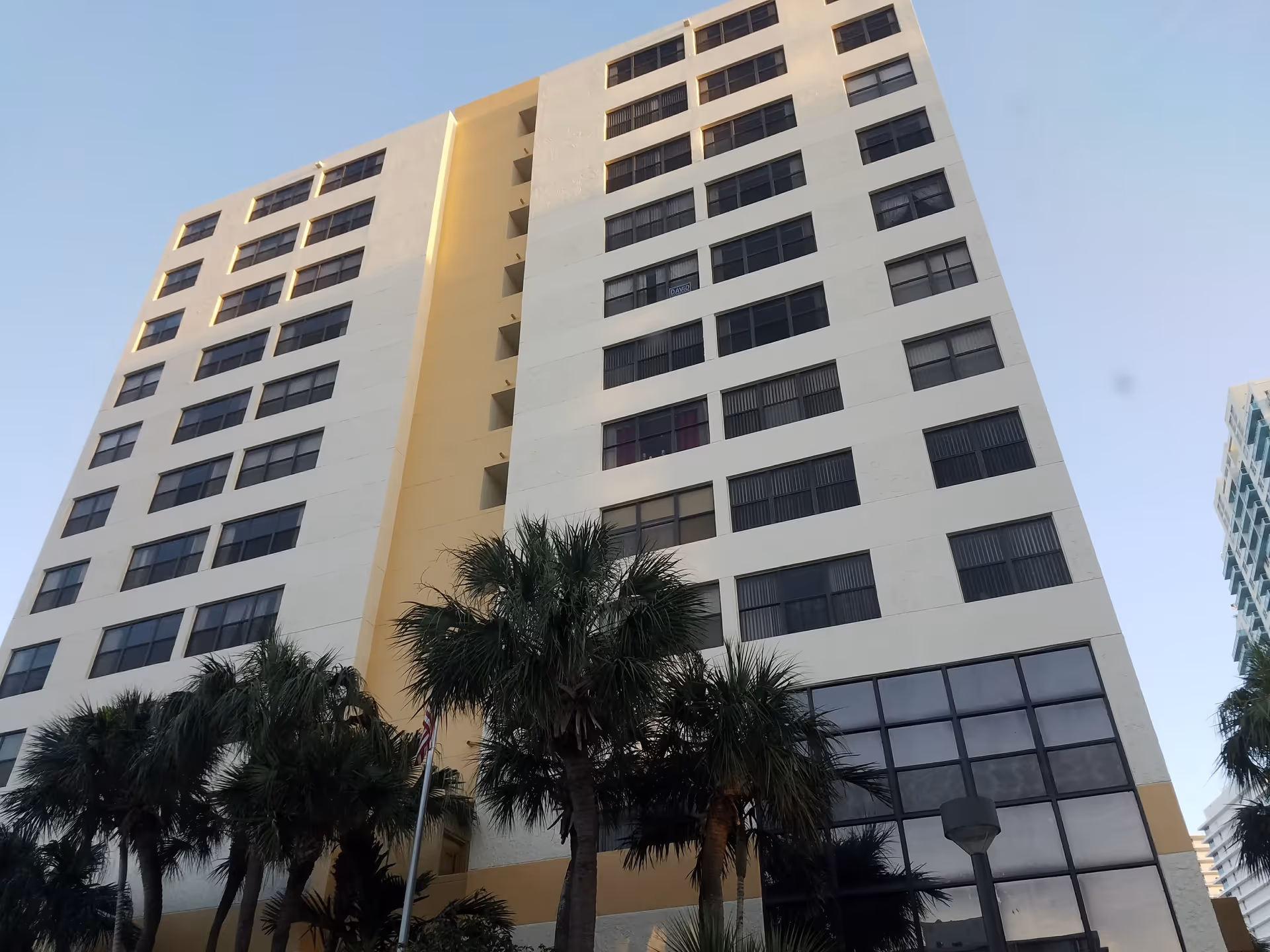 Tall white high-rise building with many windows and palm trees in front.