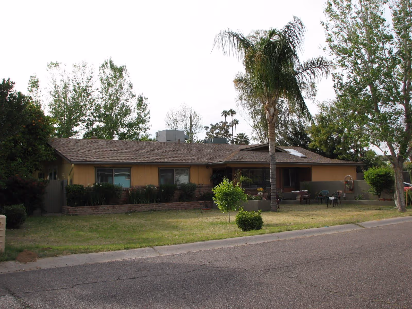 Single-story ranch-style house with a front yard, palm tree, and patio seating visible from the street.