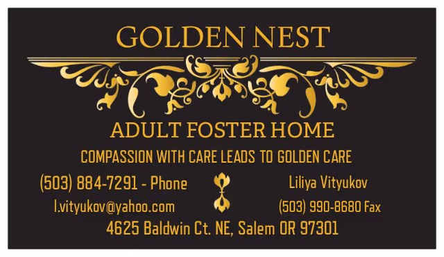 Front sign for Golden Nest Adult Foster Home displaying contact details and address.