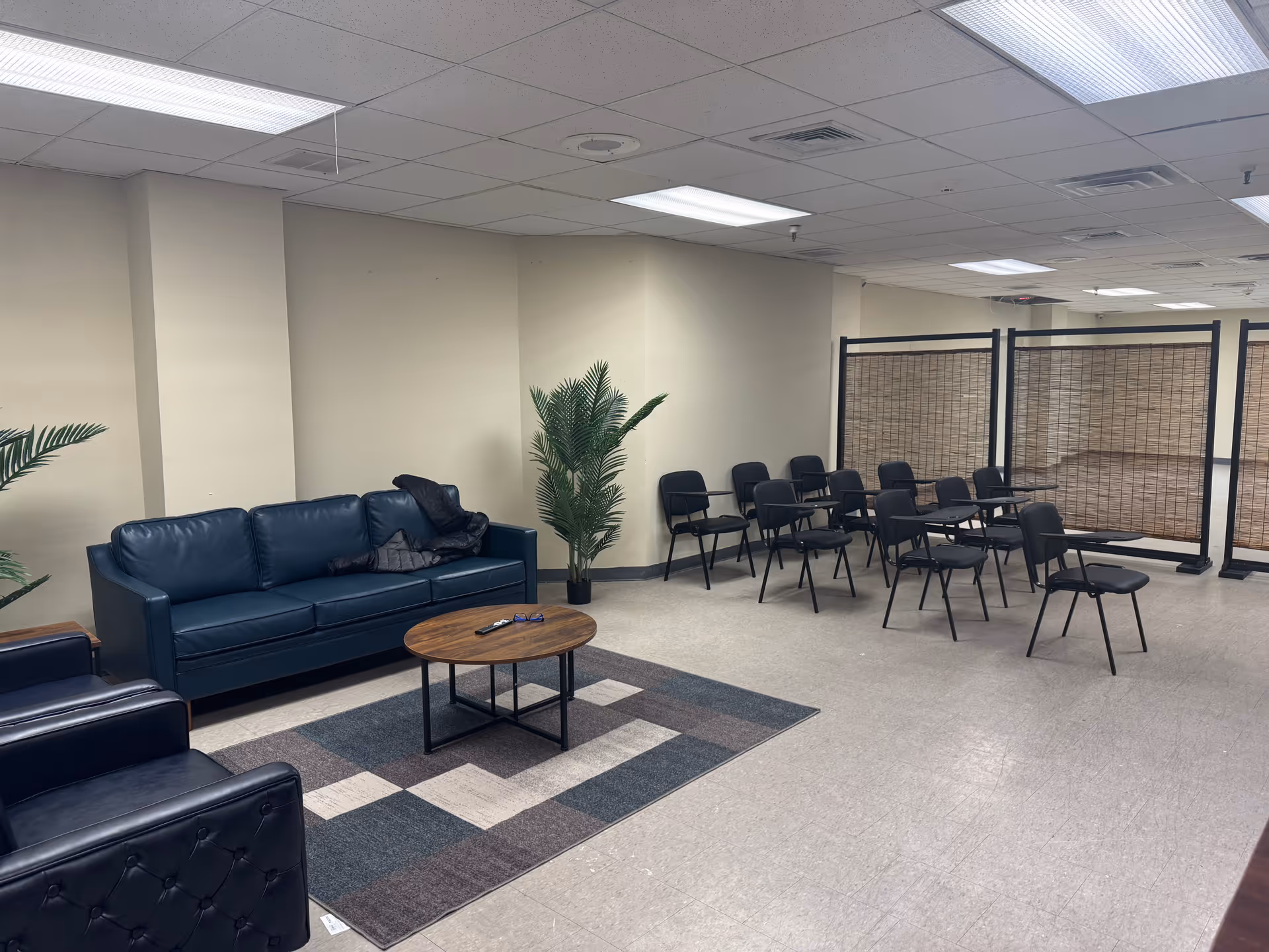 A spacious lounge area with blue sofas, black chairs, potted plants, and partition screens.