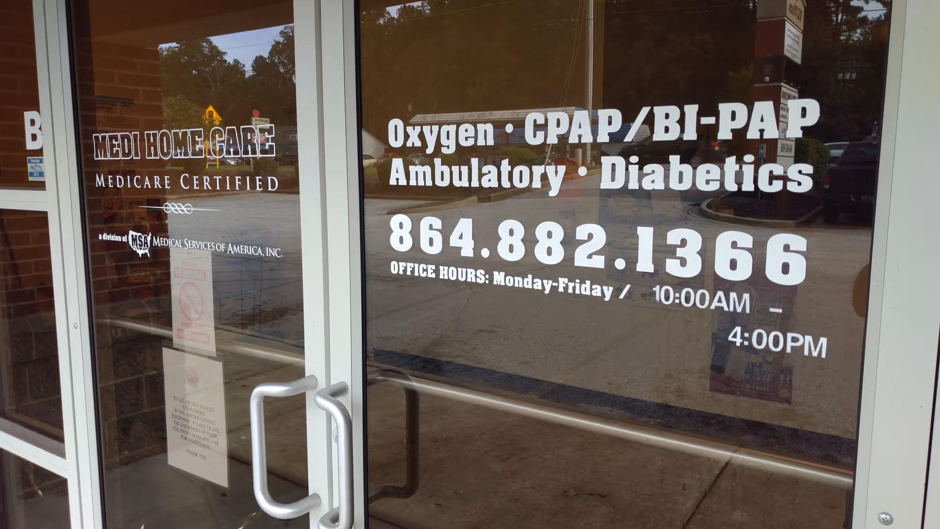 Glass storefront showing Medi Home Care signage and CPAP/Bi-PAP information.