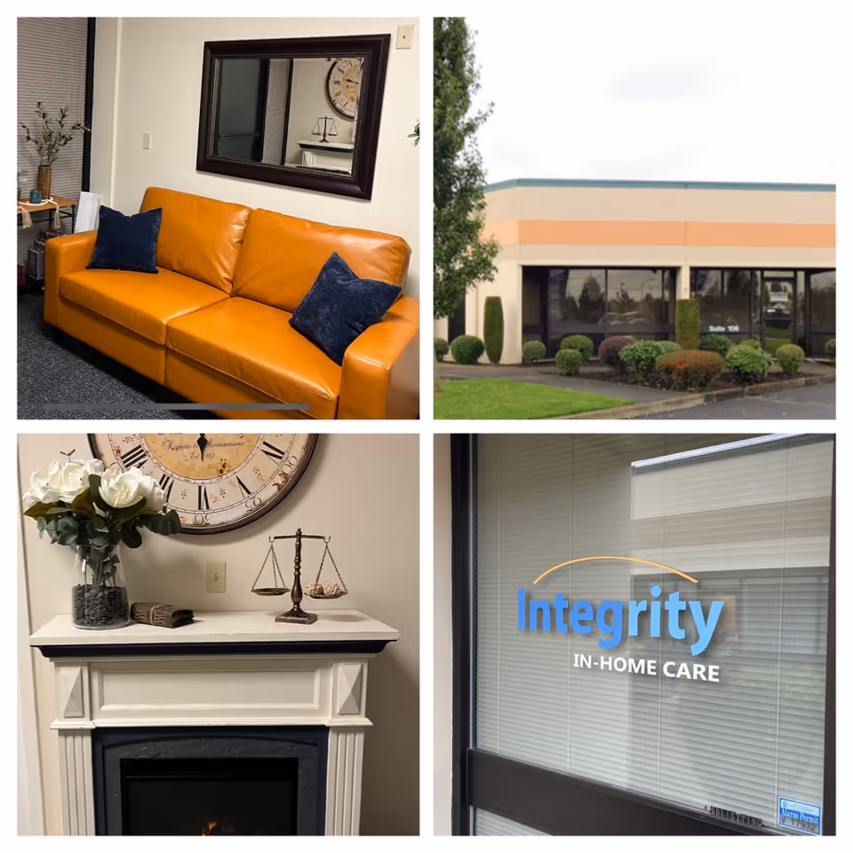 A collage of interior living areas and an exterior storefront for Integrity In-Home Care.