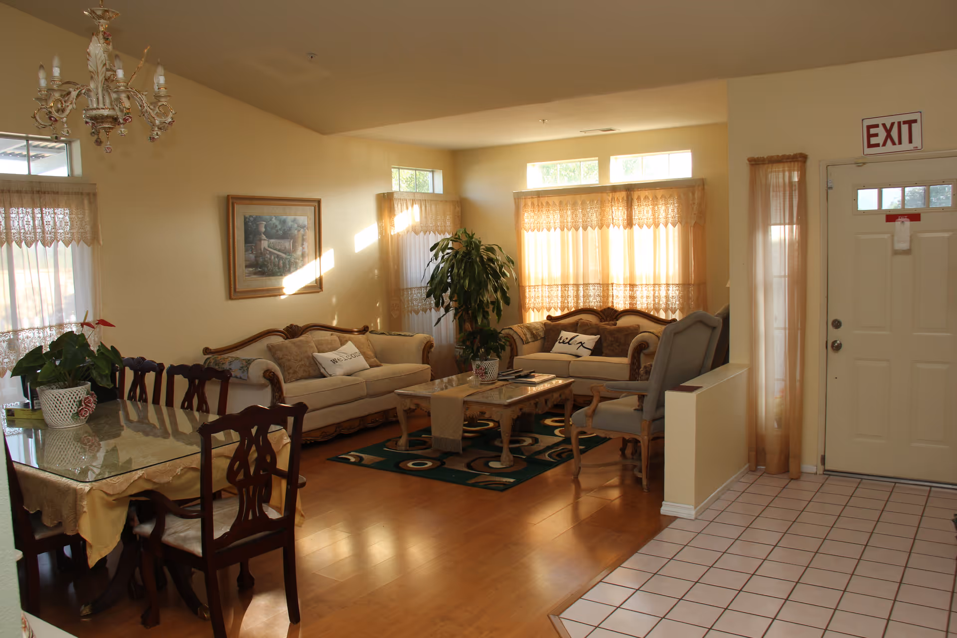 Sunlit living and dining area with sofas, armchairs, a dining table, chandelier, potted plants, and an exit door.