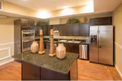 Modern kitchen with stainless steel appliances, dark cabinets, and an island with decorative vases.