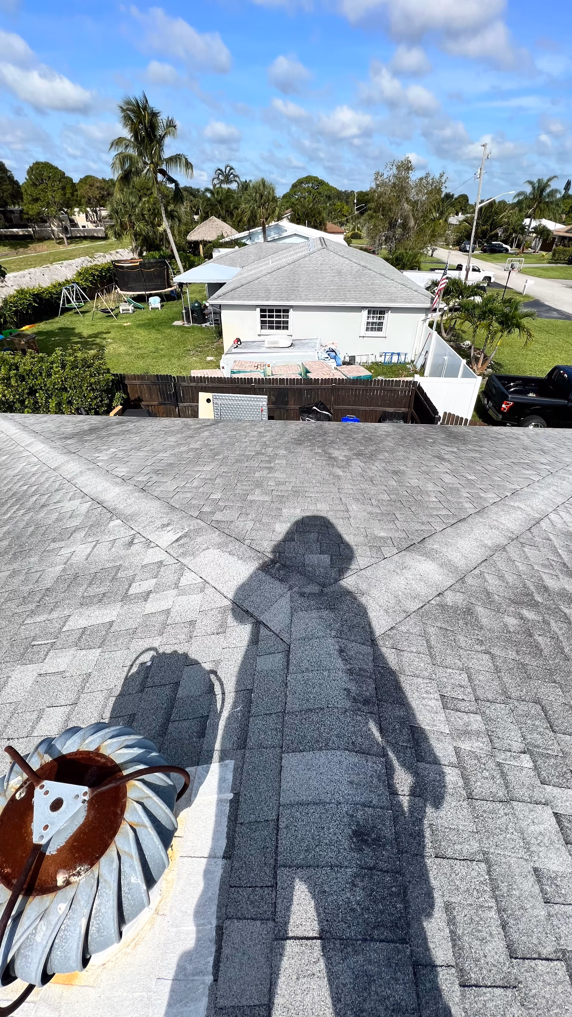 A rooftop view of a suburban backyard with a small house, palm trees, and shadows.
