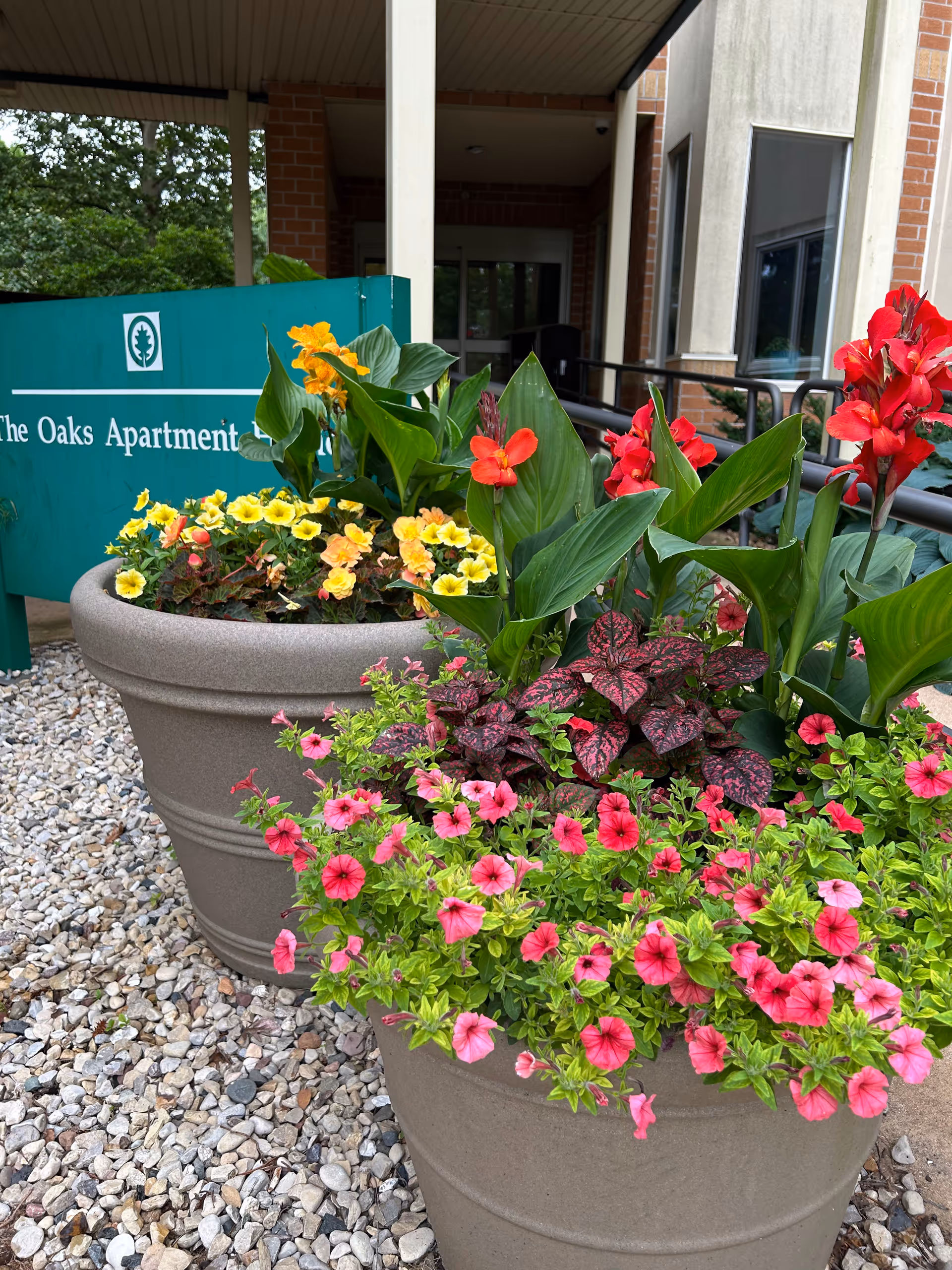 Exterior view of Oakwood Village University Woods entrance with colorful flowering planters.