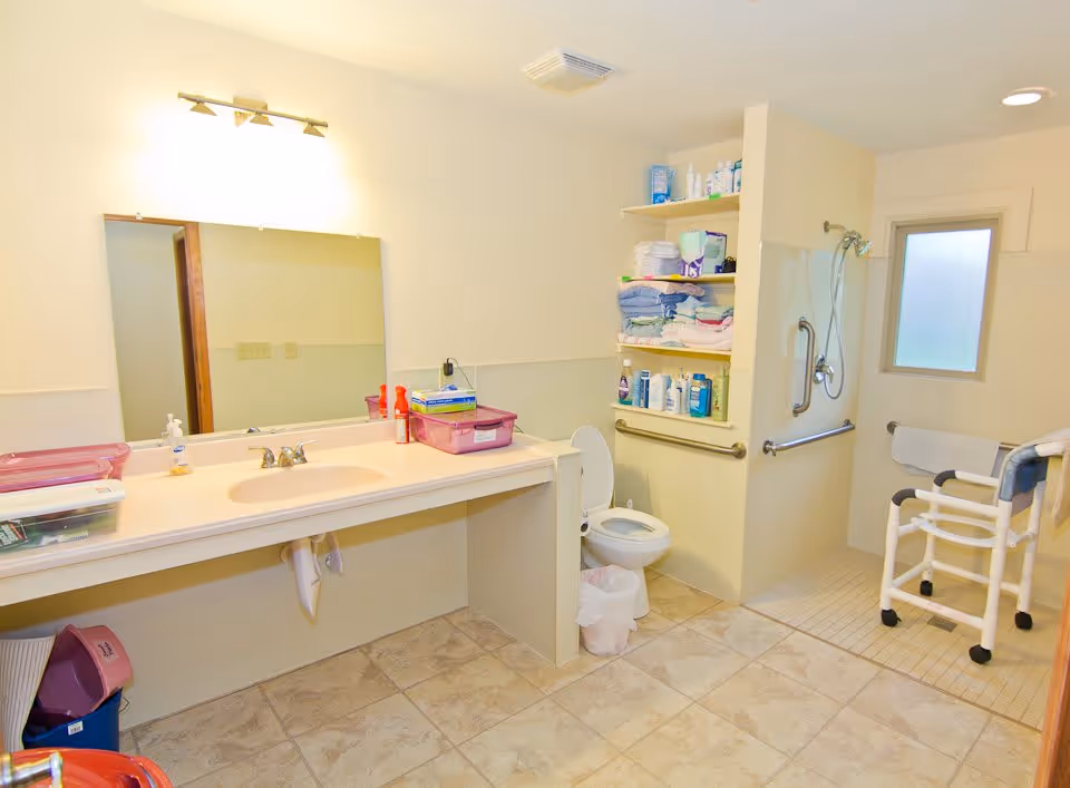 A spacious bathroom with a large mirror above a long sink countertop. There are shelves stocked with towels and various toiletries next to a toilet. The bathroom features a walk-in shower with grab bars and a shower chair. The floor is tiled, and the room is well-lit with a light fixture above the mirror.