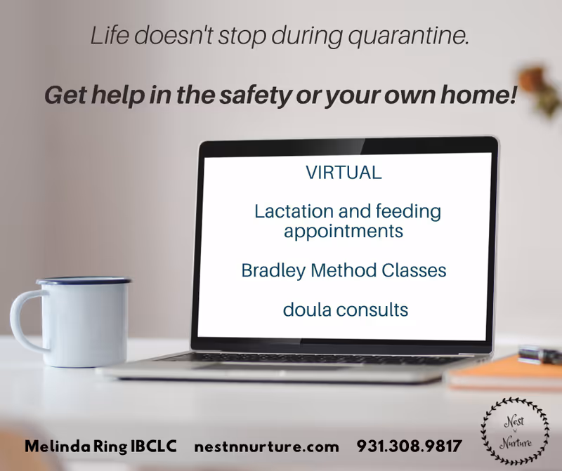 Laptop on a desk displaying virtual lactation services beside a mug.