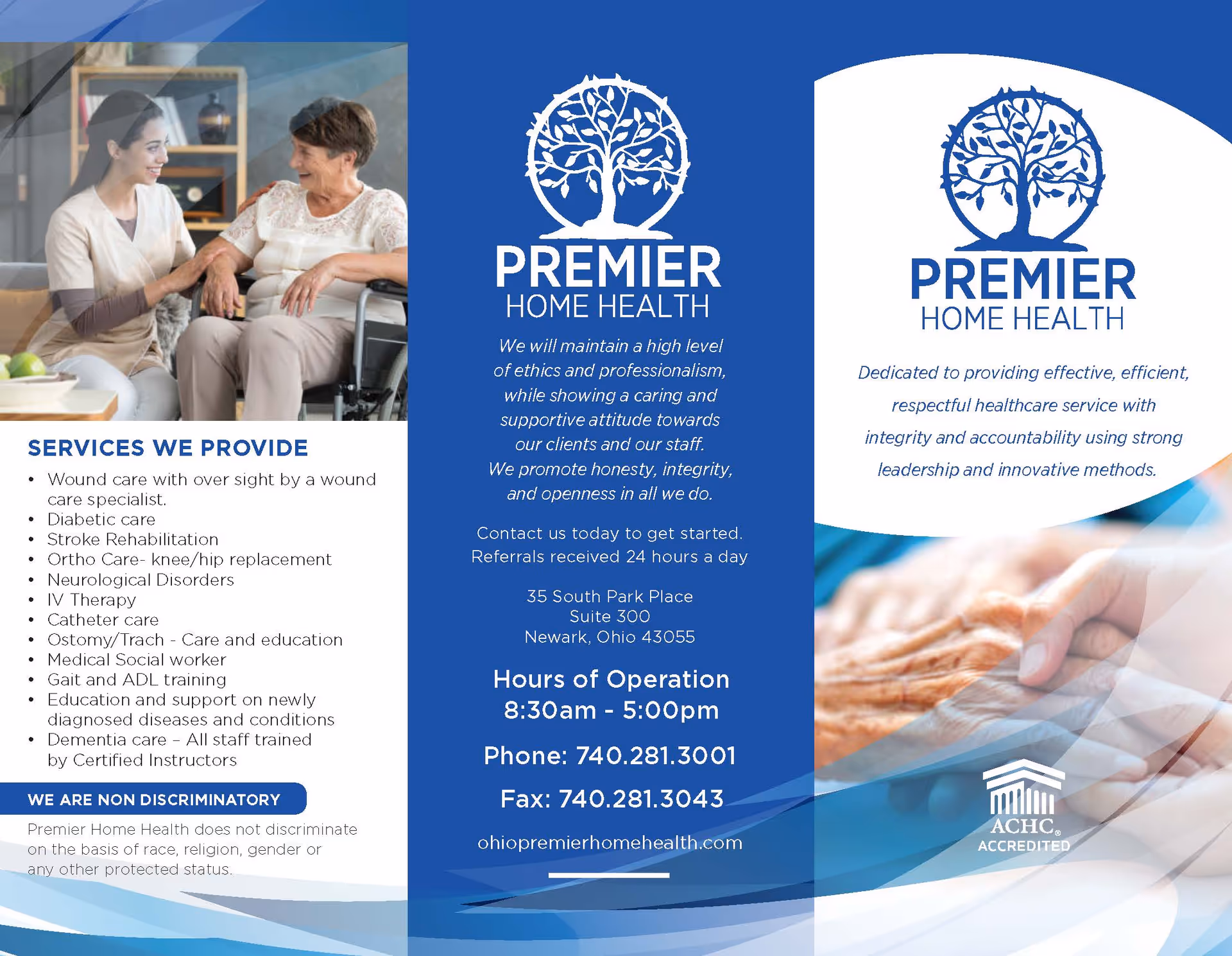 Caregiver converses with an elderly woman in a wheelchair beside a Premier Home Health brochure.
