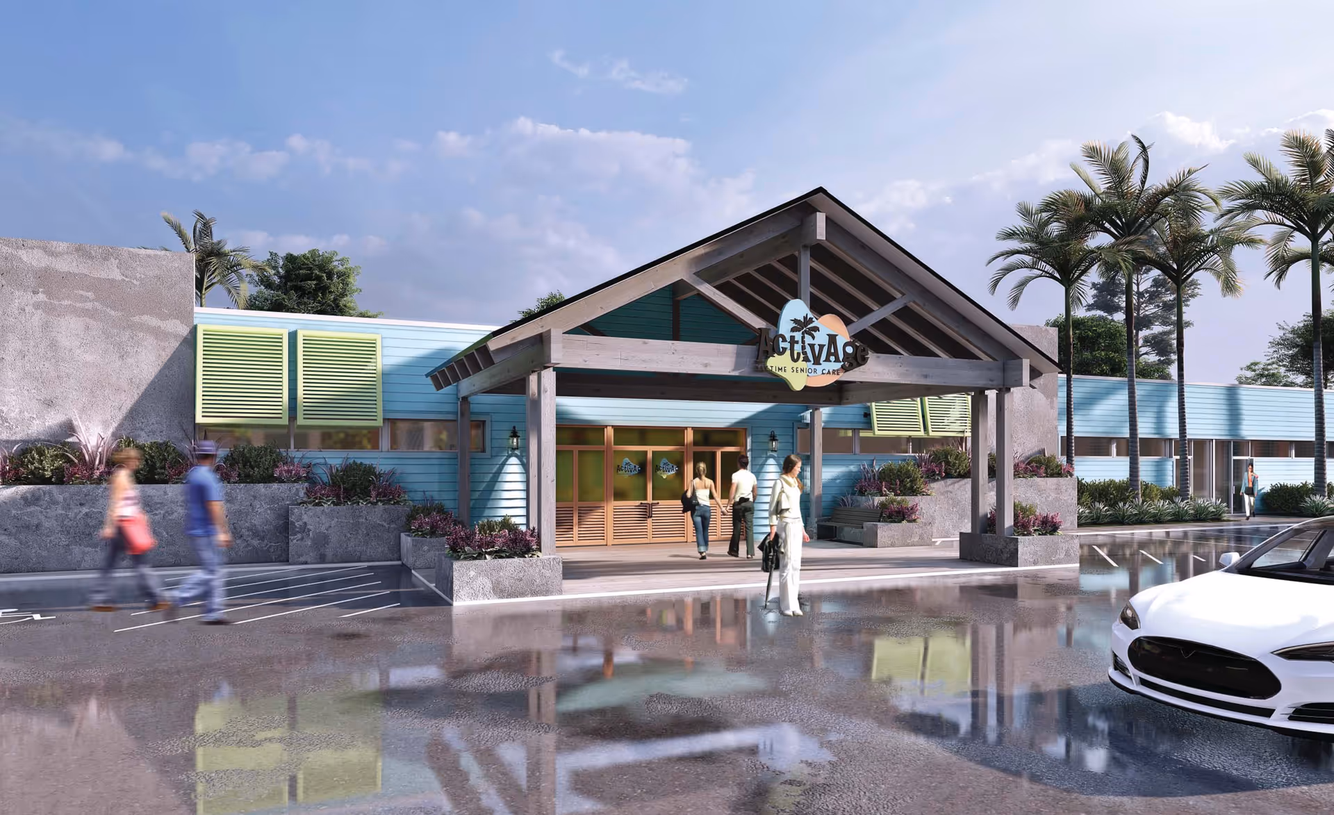 Modern, single-story senior living facility with a covered entrance labeled ActivAge, palm trees and cars.