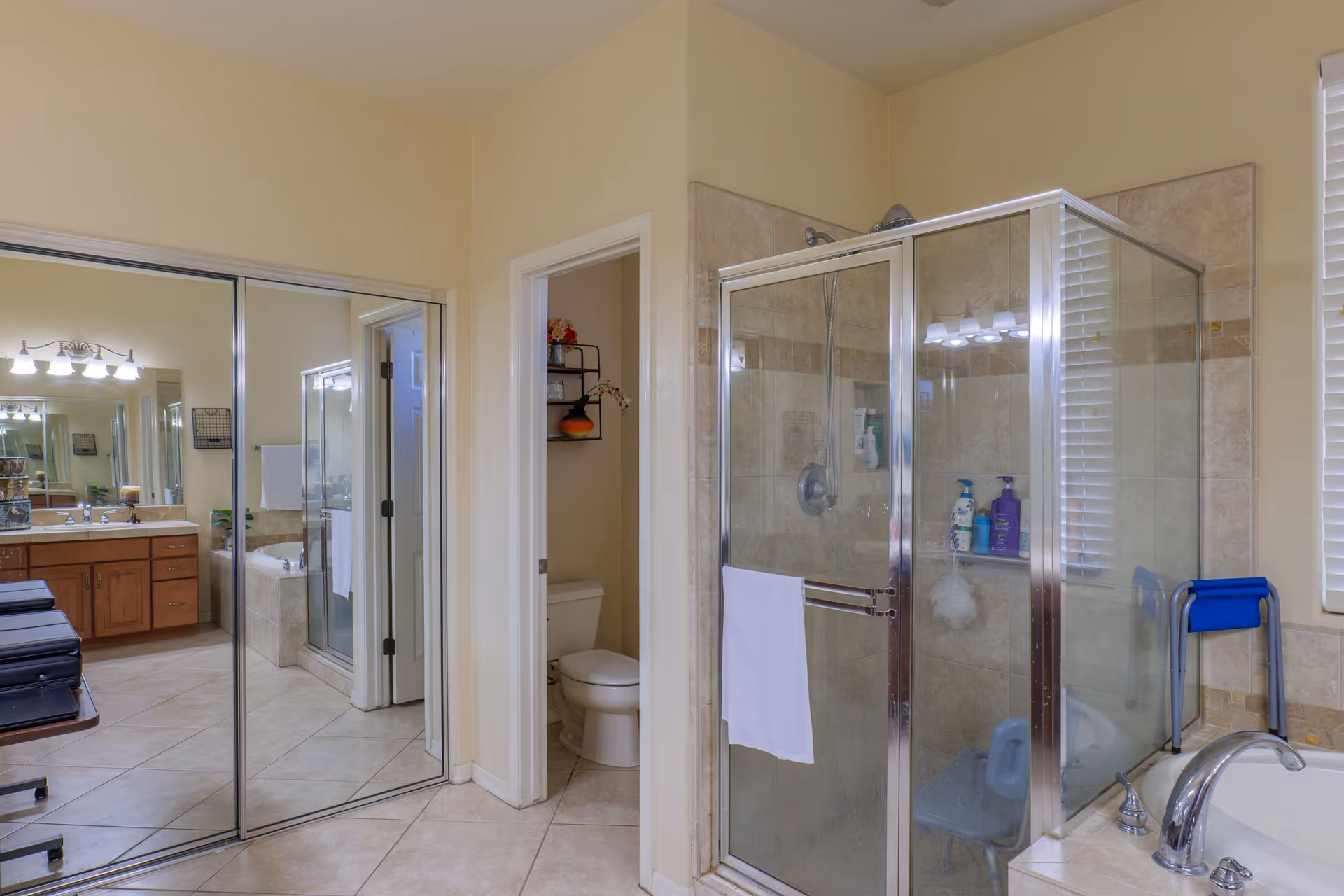 Spacious bathroom with a glass-enclosed shower, bathtub, toilet in a small alcove, and mirrored closet doors reflecting the vanity.