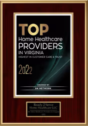 Award plaque mounted on dark wood frame for Ready 2 Serve Home Healthcare providers in Virginia