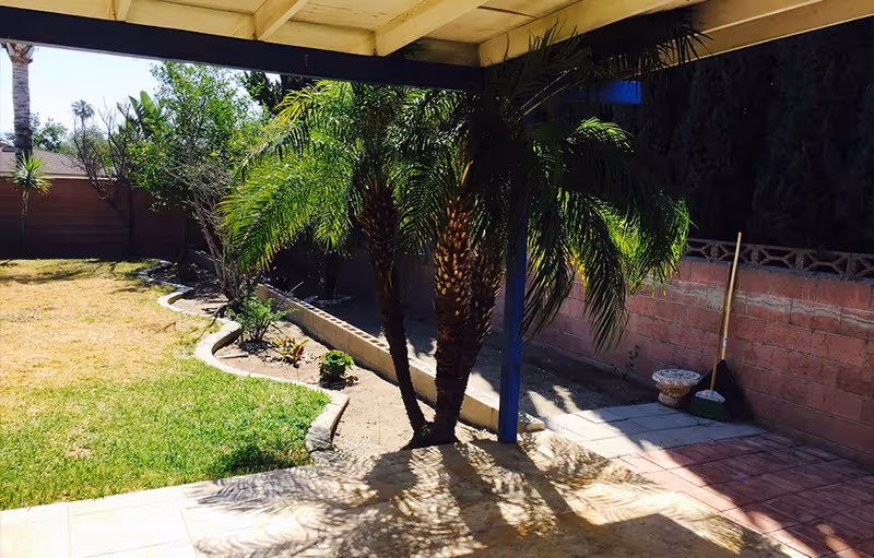 A backyard garden area with a covered patio. There are palm trees casting shadows on the ground, a small garden bed with plants, a broom leaning against a brick wall, and a grassy lawn area.