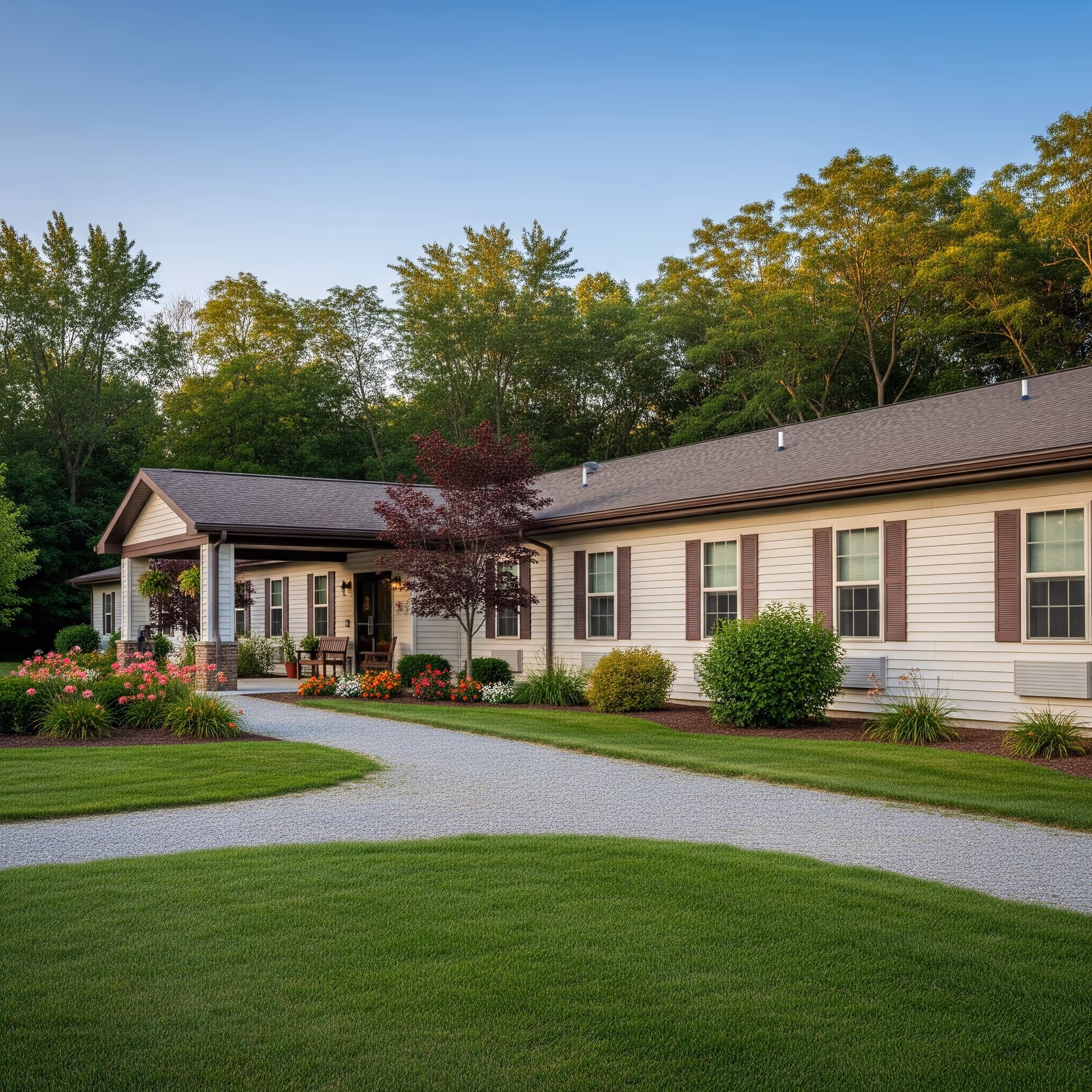 Park Place Living Centre A exterior: single-story building with curved driveway, manicured lawn, shrubs.
