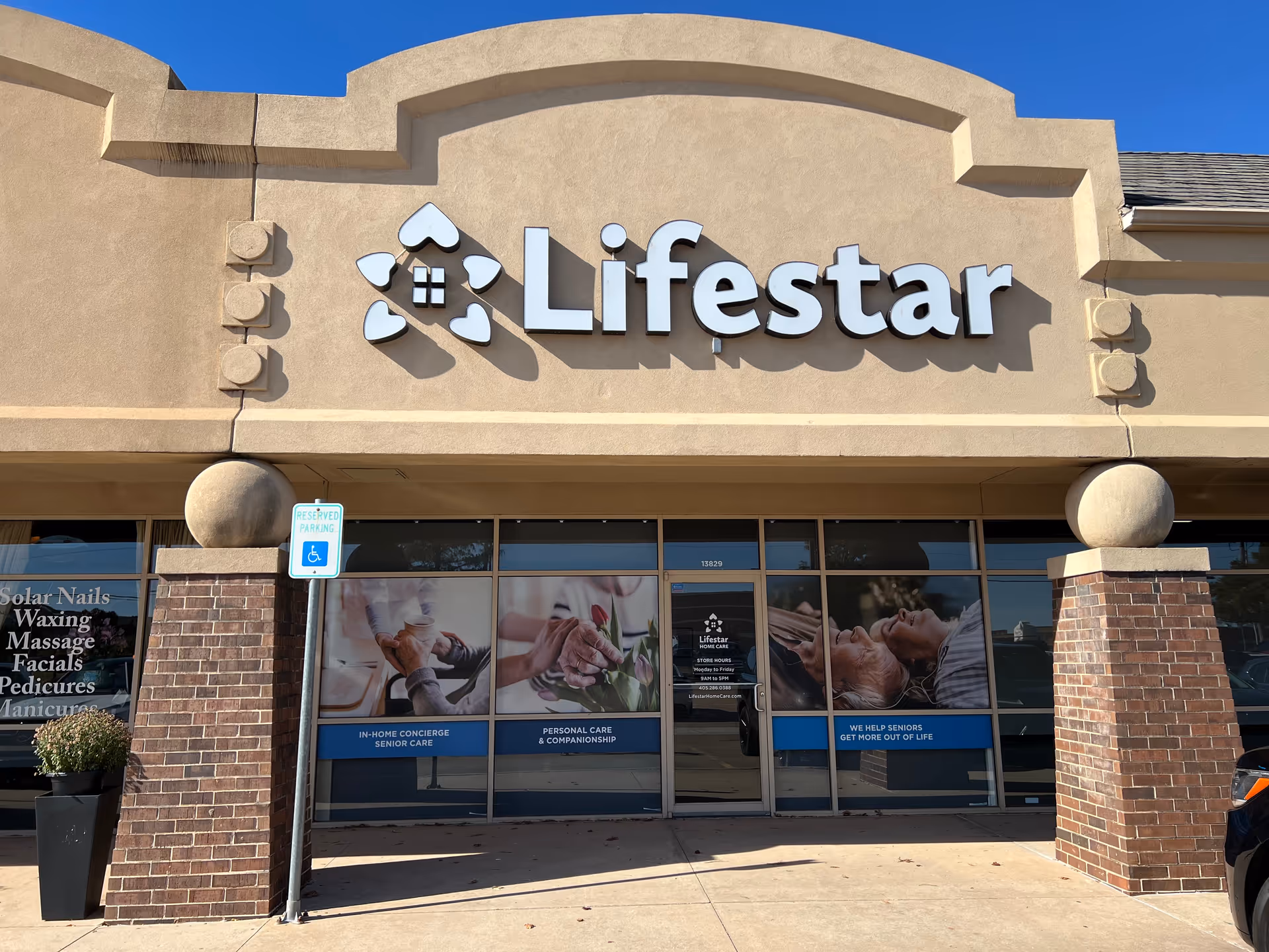 Front view of a Lifestar senior care building with a large sign and glass entrance.