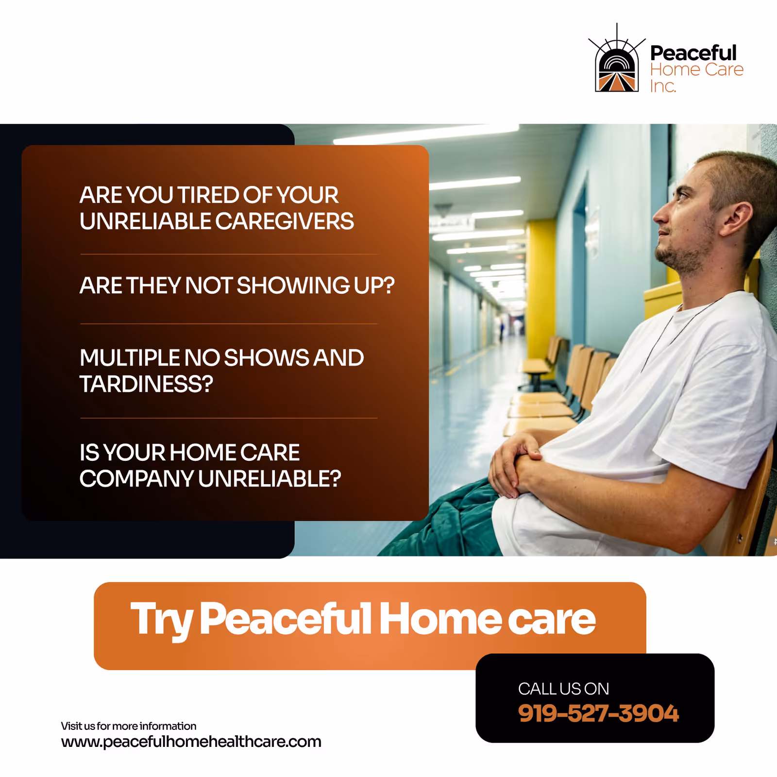 A man sits in a hallway of a senior care facility beside an orange advertisement panel.