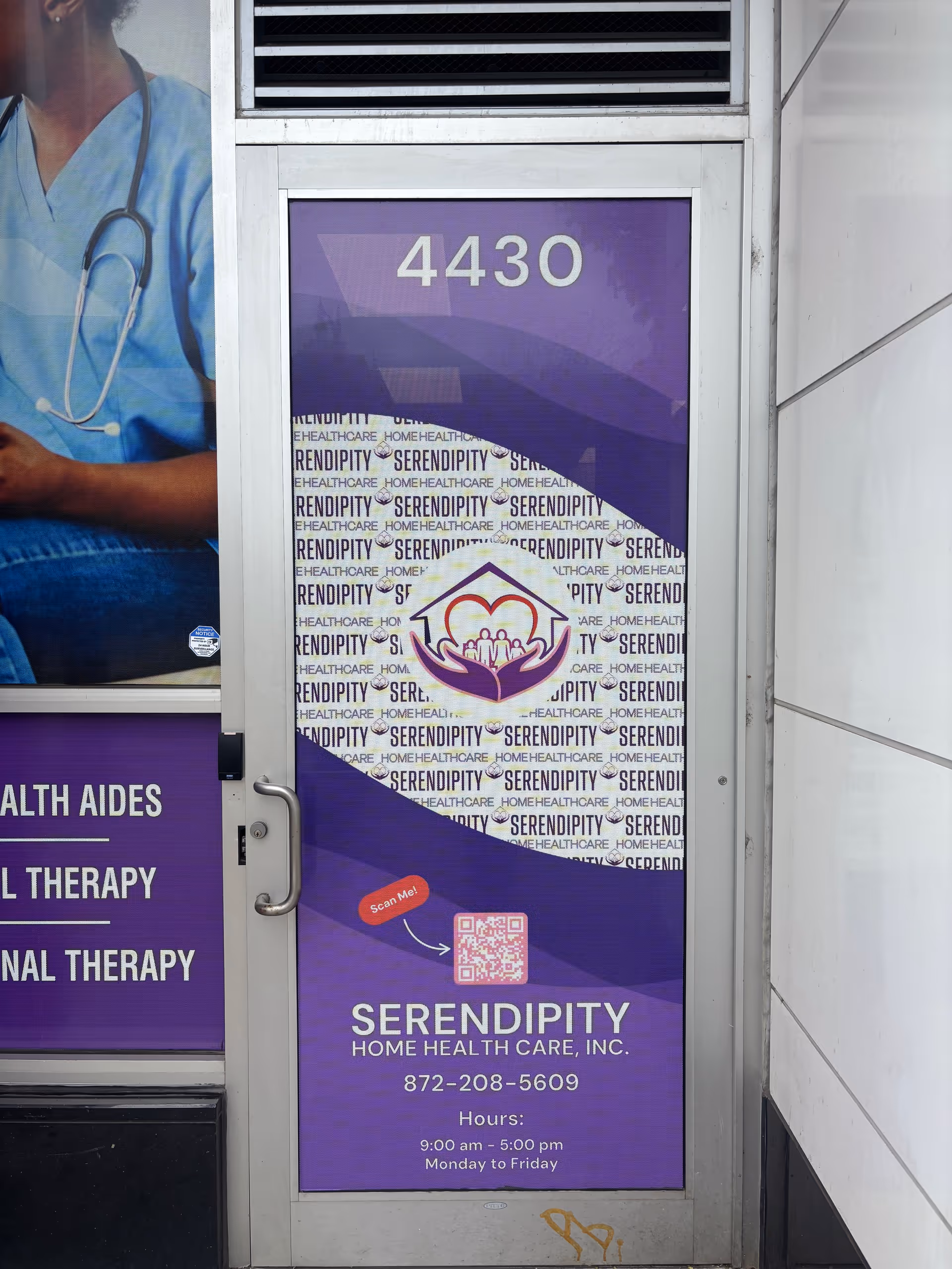Exterior entrance of Serendipity Home Health Care, purple branding and the number 4430.