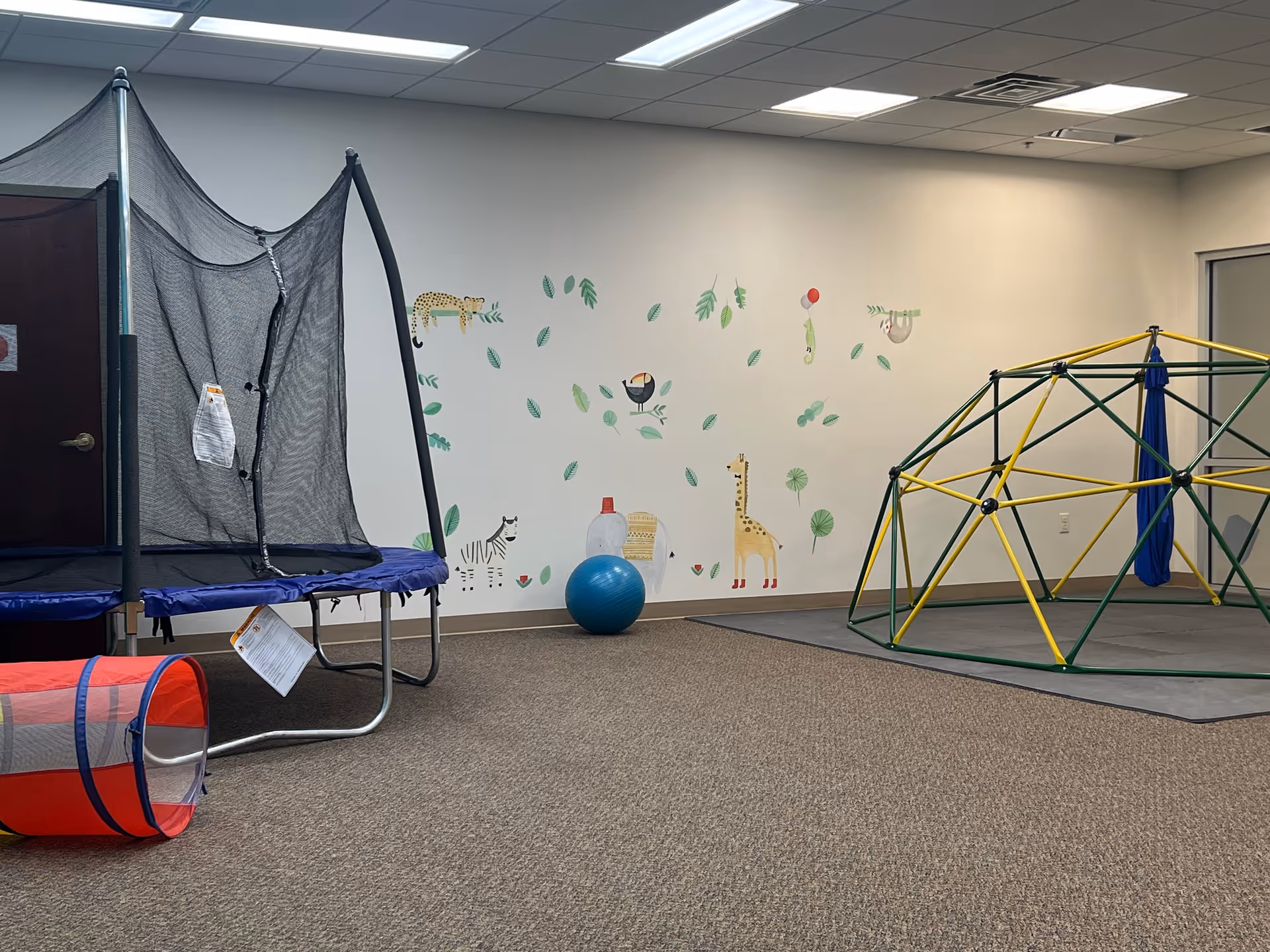 Indoor play area with trampoline, climbing dome, exercise ball, and mural on the wall.