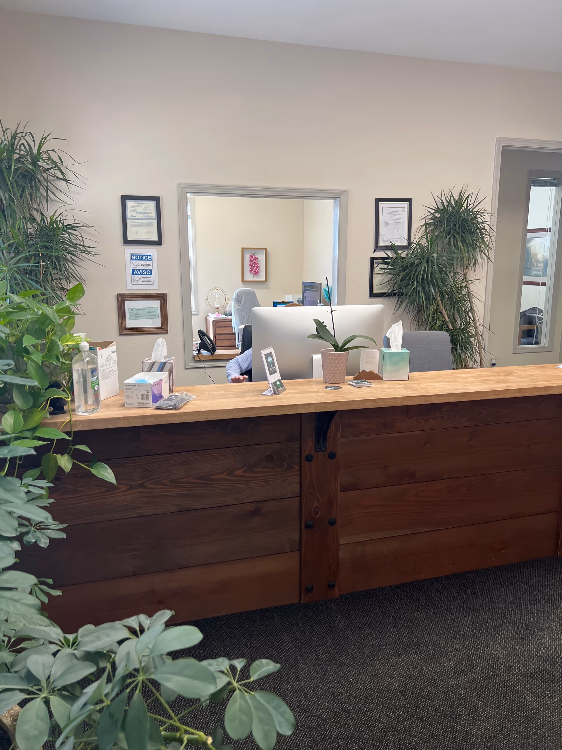Reception desk with computer, plants, and framed certificates inside Valley View Healthcare Services.