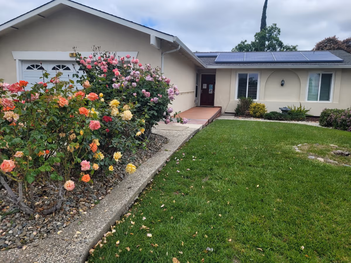 Front exterior of Trinity Care Homes with a lawn, sidewalk, and blooming rose bushes.