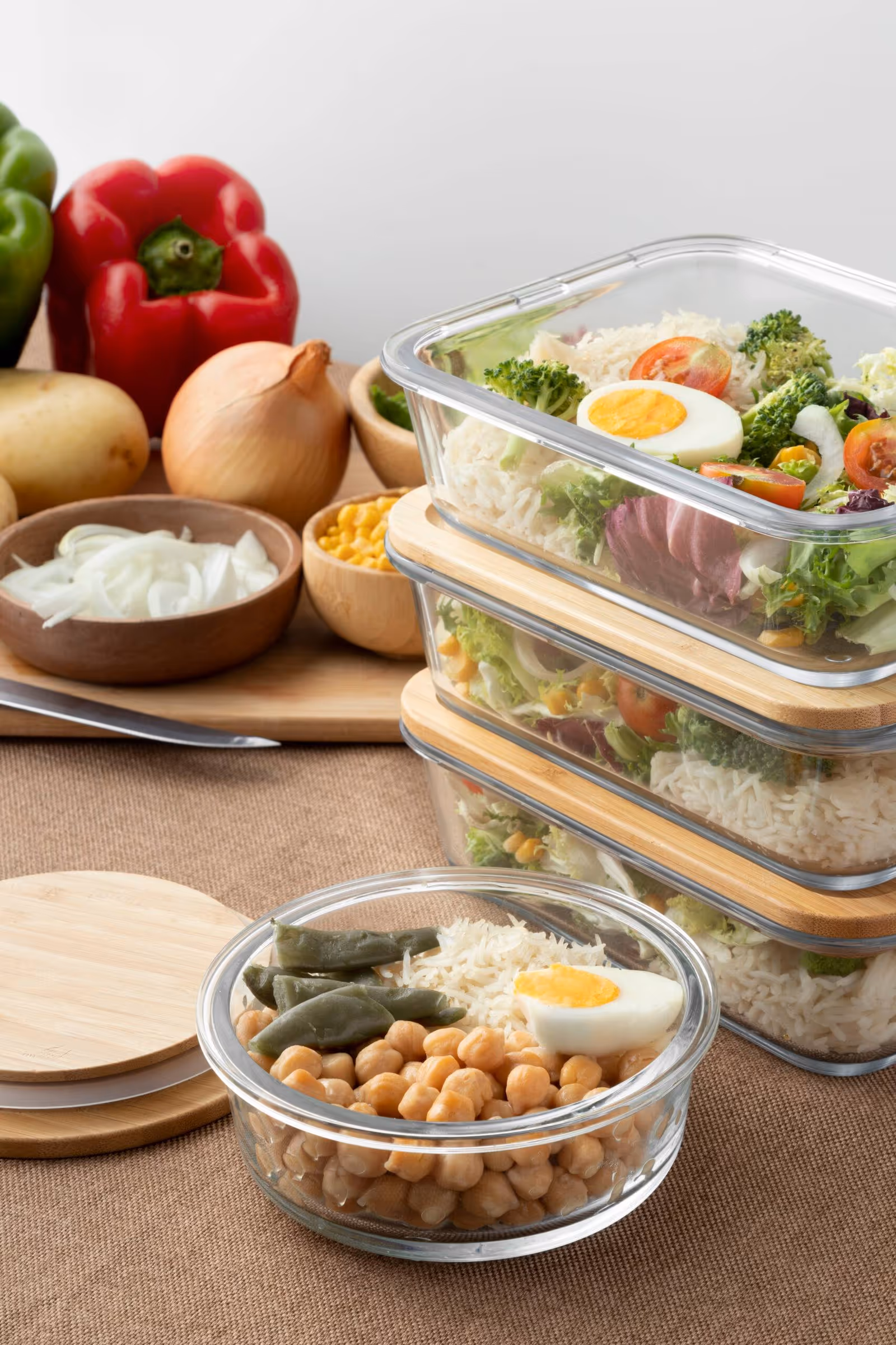 Stacked glass meal prep containers with salad, grains, vegetables, and eggs on a table.
