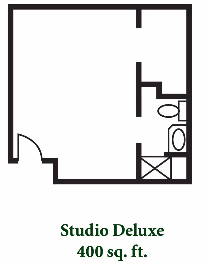 Floor plan showcasing a Studio Deluxe 400 sq. ft. layout with bathroom and entry door.