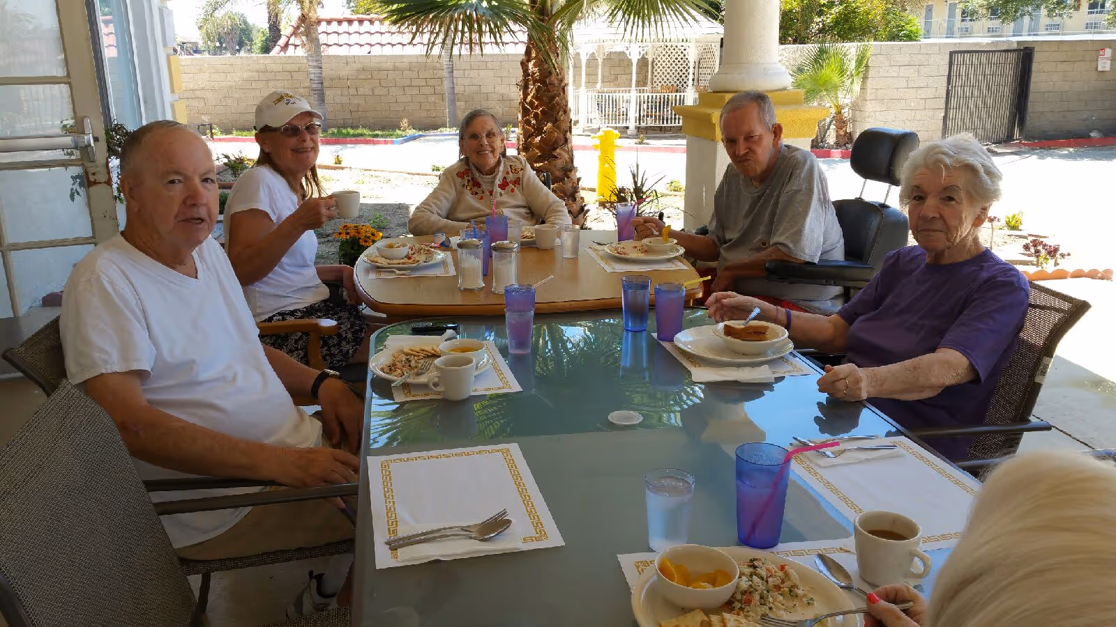 A group of six elderly people sitting around a glass outdoor dining table enjoying a meal together. The table is set with plates, bowls, cups, and glasses. They are seated on a covered patio with palm trees and a garden visible in the background.