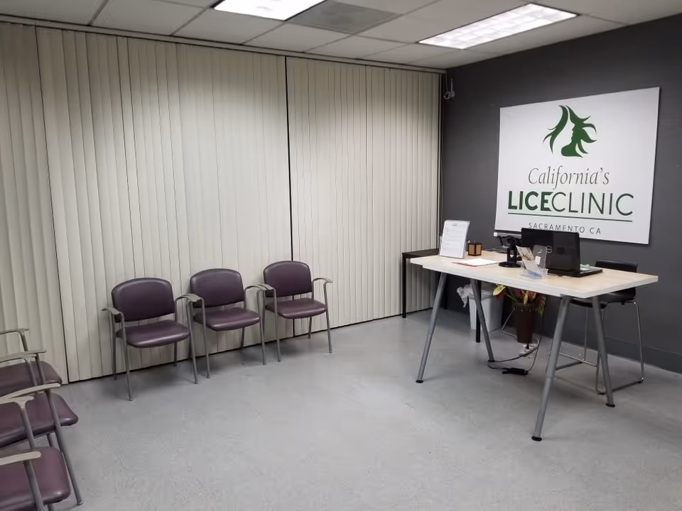 Reception desk with California's Lice Clinic sign and purple chairs in waiting area.