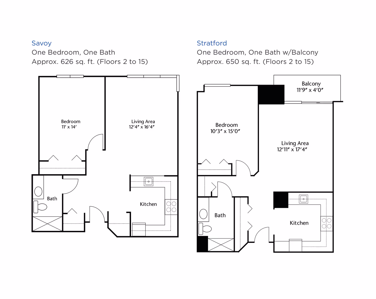 Floor plans for two one-bedroom, one-bath apartments at Brookdale Edina. The Savoy layout is approximately 626 sq. ft. with a bedroom measuring 11' x 14', a living area 12'4" x 16'4", a kitchen, and a bathroom. The Stratford layout is approximately 650 sq. ft. with a bedroom measuring 10'3" x 15'0", a living area 12'11" x 17'4", a kitchen, a bathroom, and a balcony measuring 11'9" x 4'0".