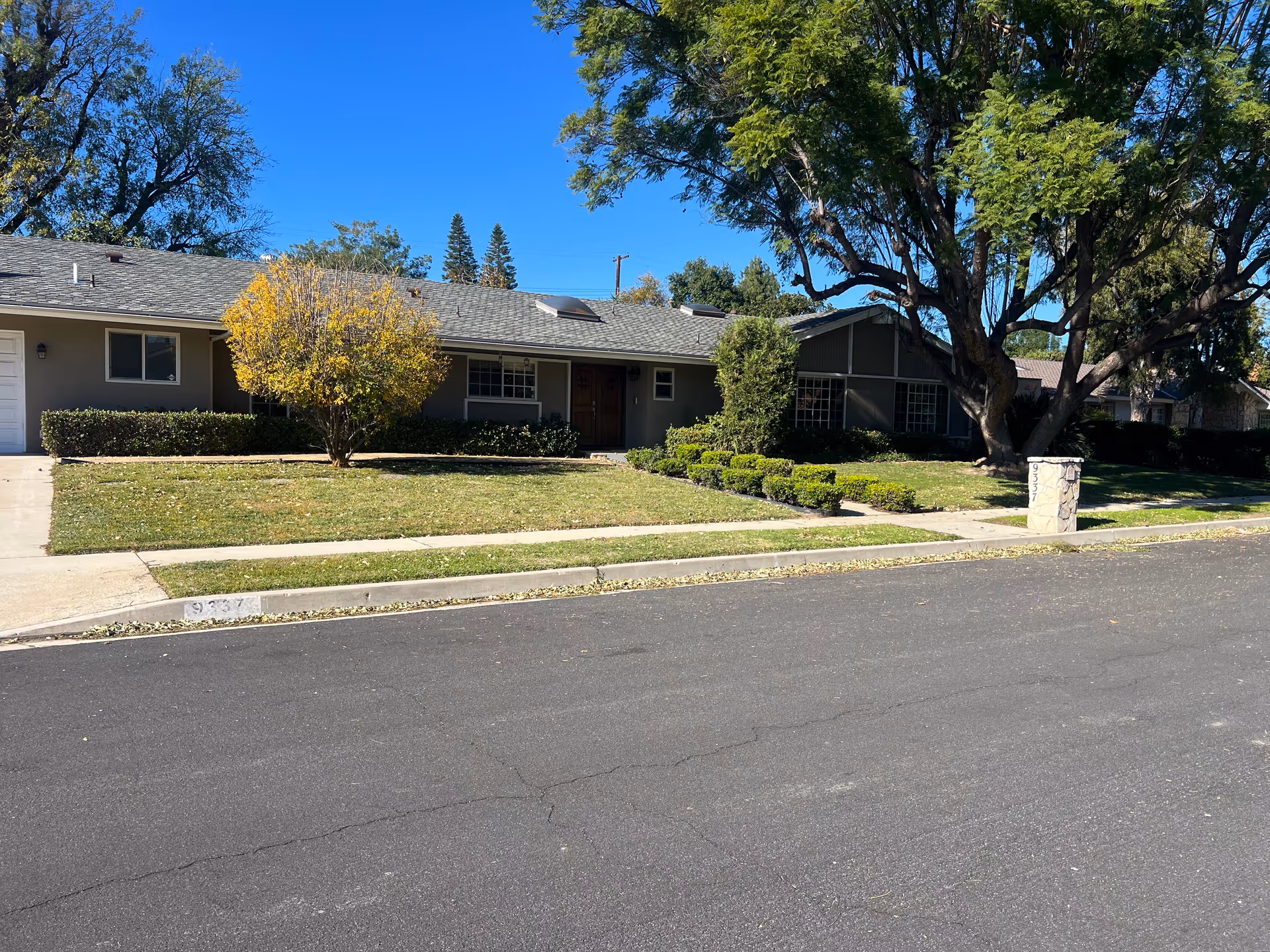 Single-story facility front with lawn, trees, and a sidewalk along a residential street.