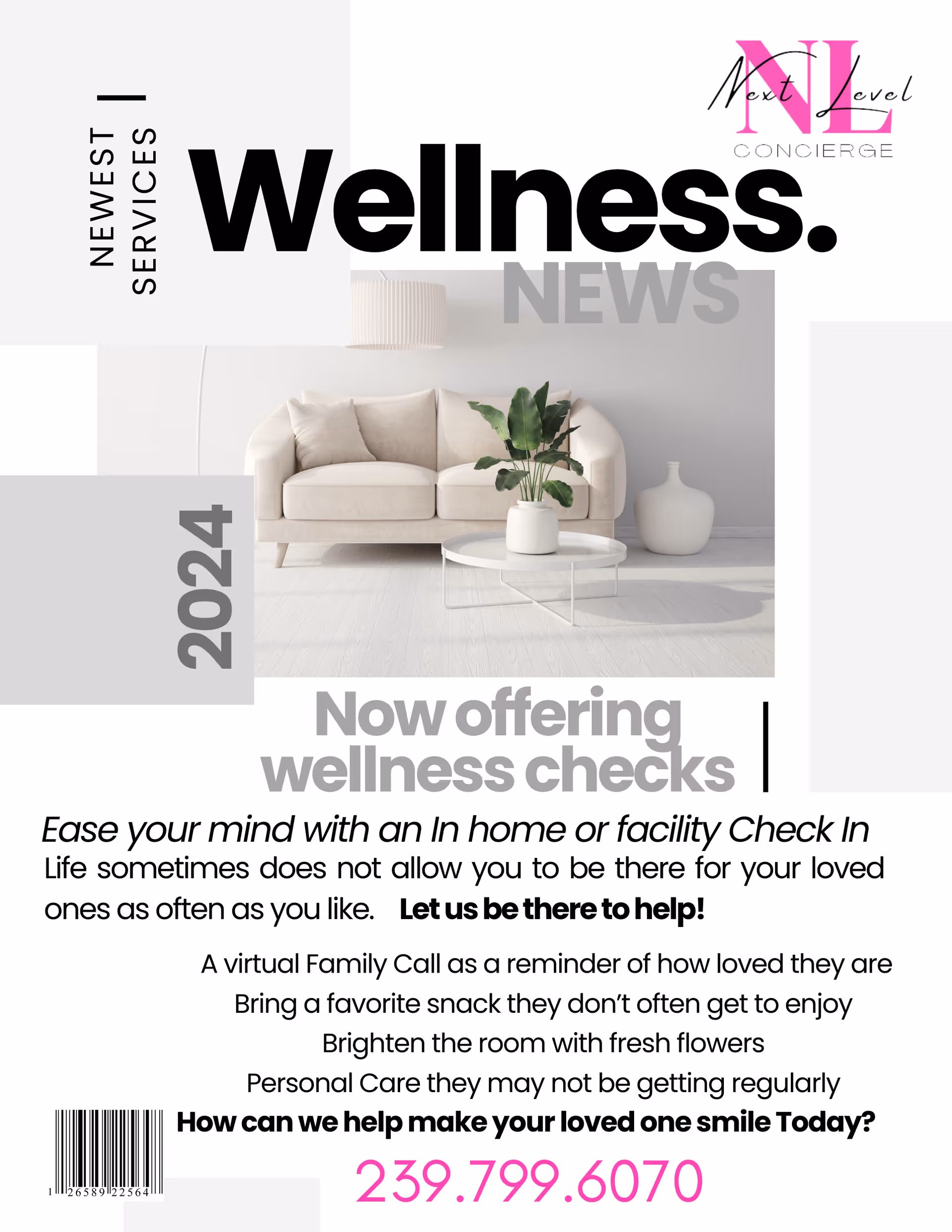 Modern white living room with beige sofa, plant, and wellness-themed typography overlay.
