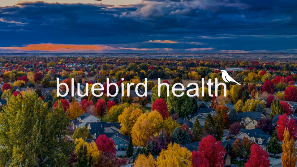Aerial view of a colorful autumn suburb with bluebird health logo.