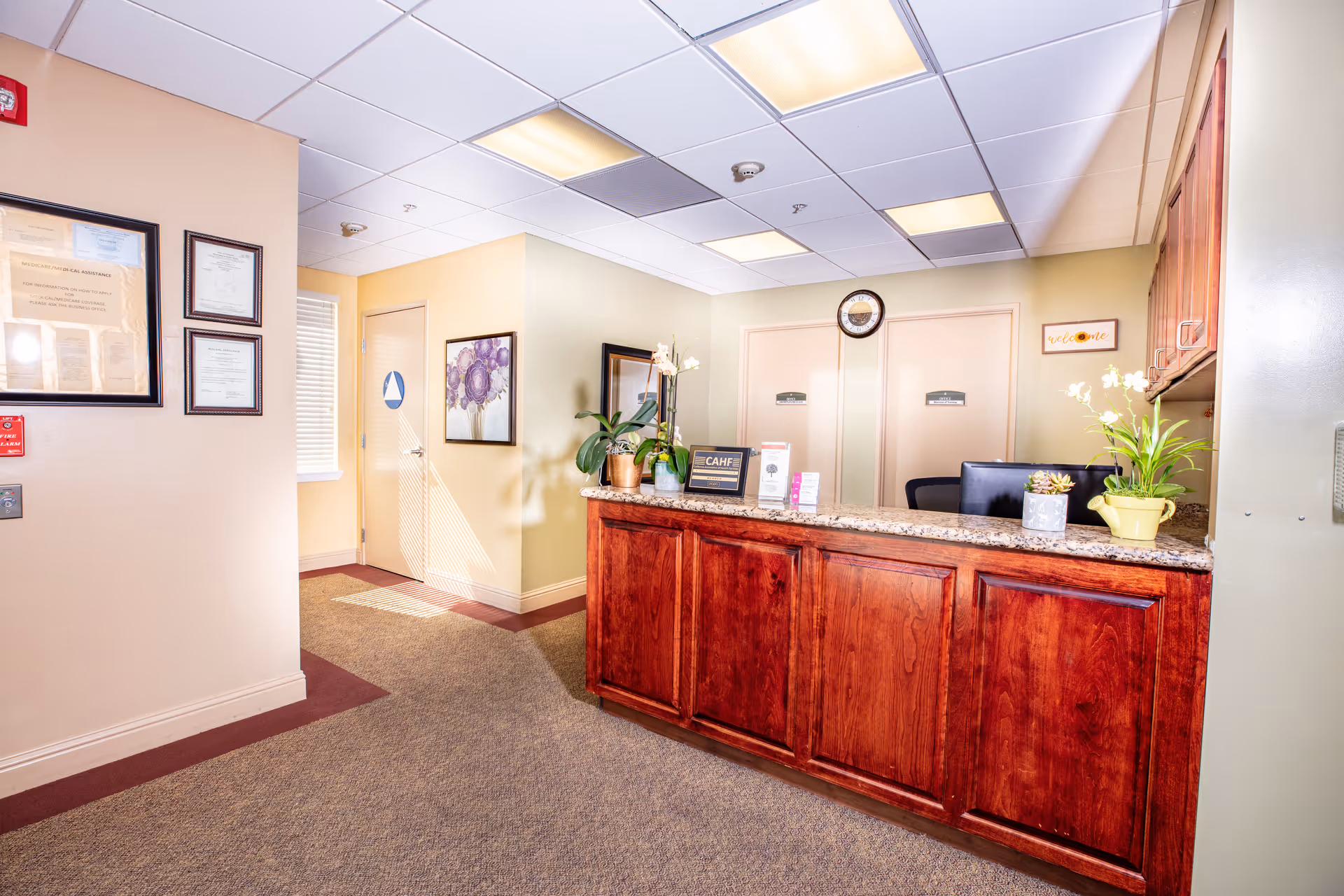 Reception desk in Avondale Villa Post-Acute lobby with plants and certificates.