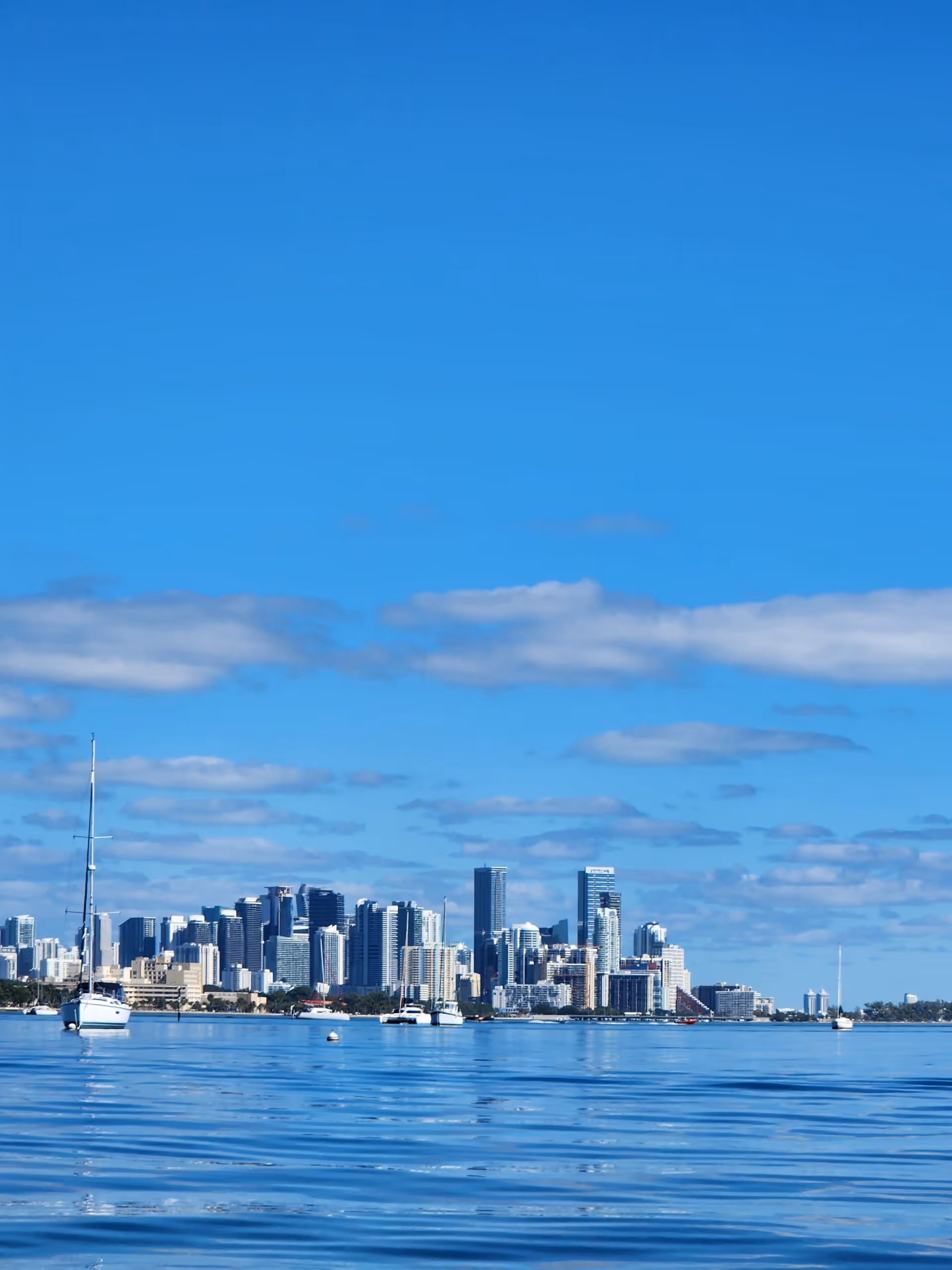 Calm waterfront city skyline with tall buildings reflecting on blue water under a clear sky.