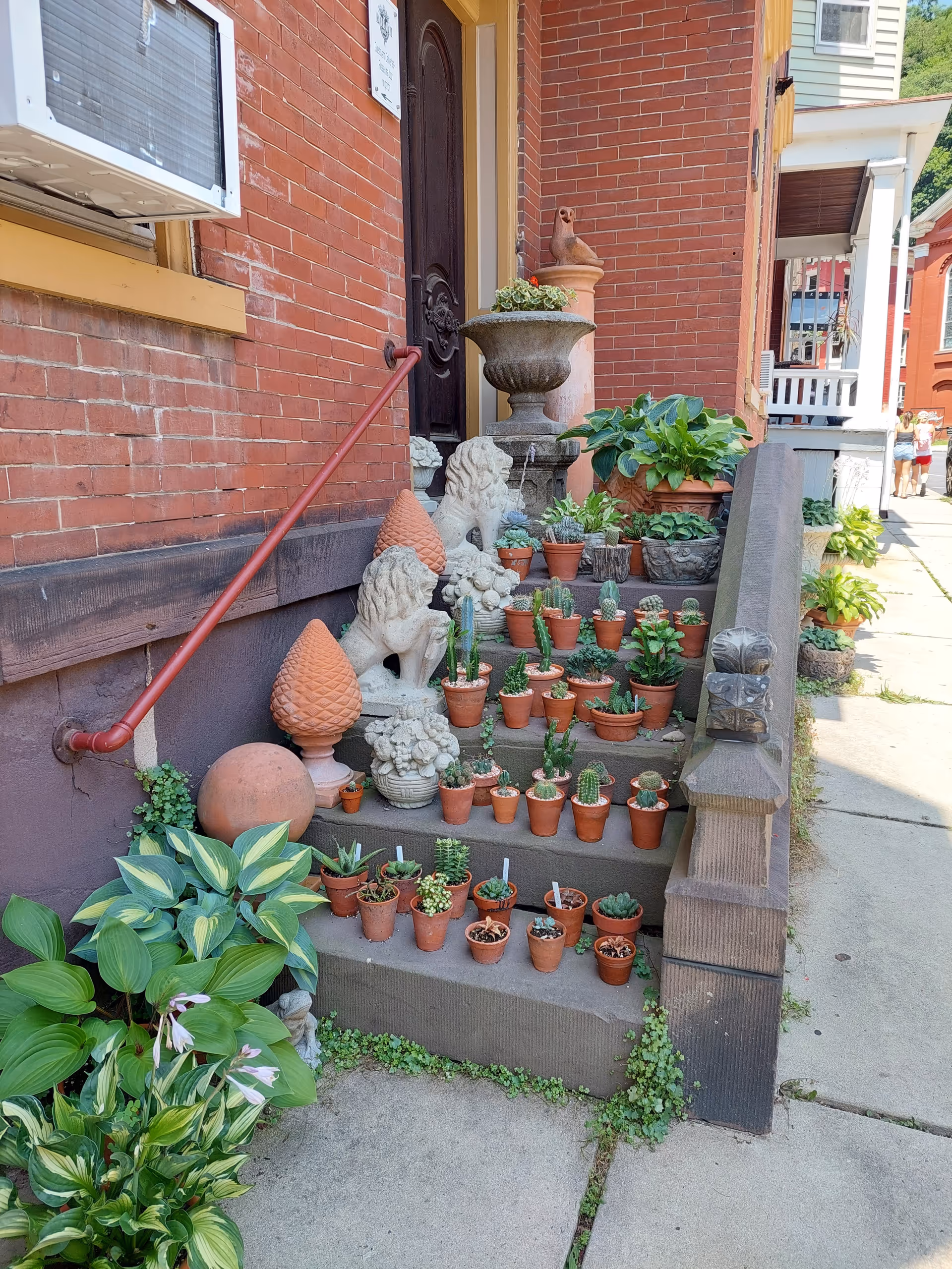 Exterior of Access Home Care Inc. building with front steps lined by numerous potted plants.