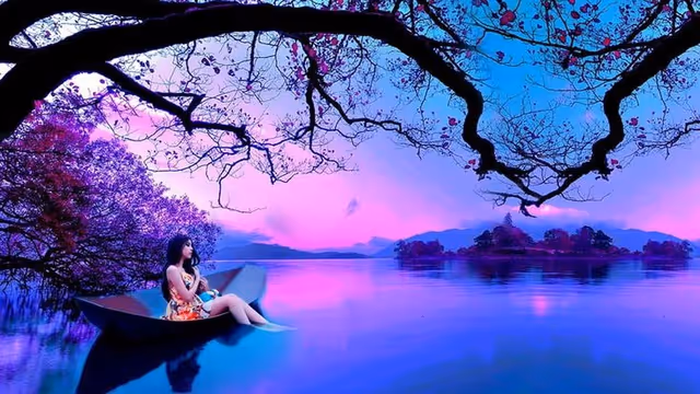A woman sits in a canoe on a purple-hued lake beneath bare tree branches.